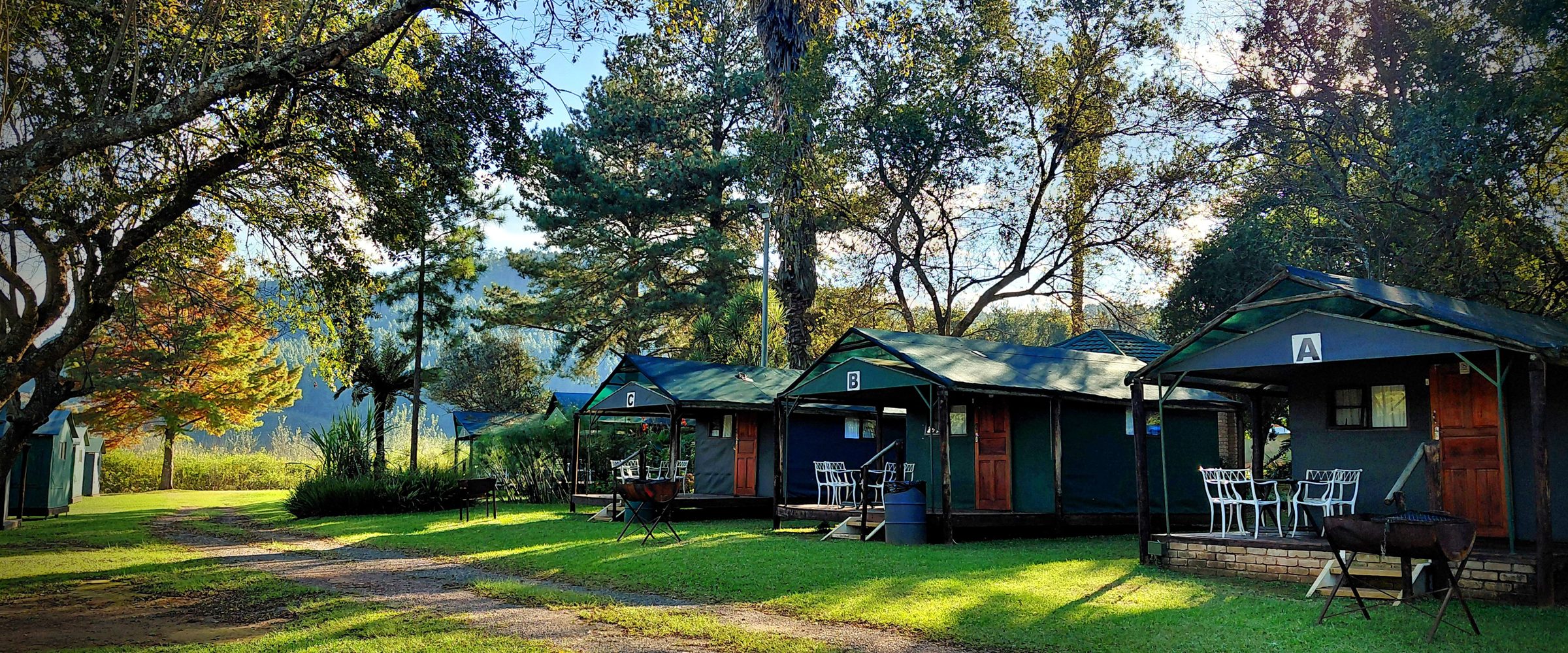Morning light on the green safari tents and lawns at Sabie River Camp